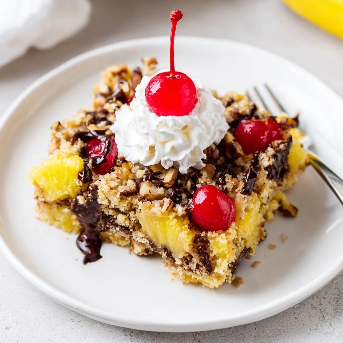 Slice of Banana Split Dump Cake topped with whipped cream and cherries