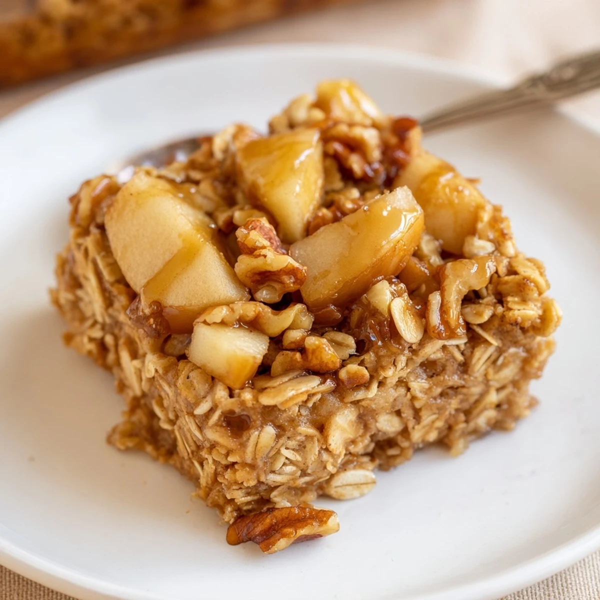 Golden-brown apple cinnamon oatmeal bake in a 9x9 dish, ready to serve