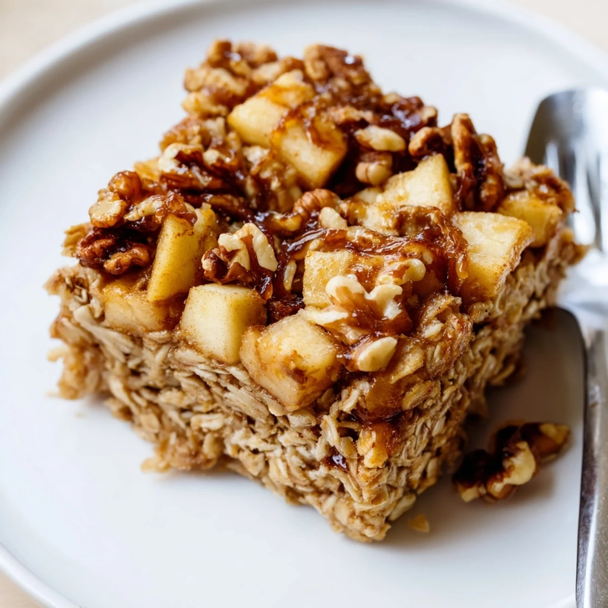 Slice of apple cinnamon oatmeal bake topped with yogurt and crunchy pecans