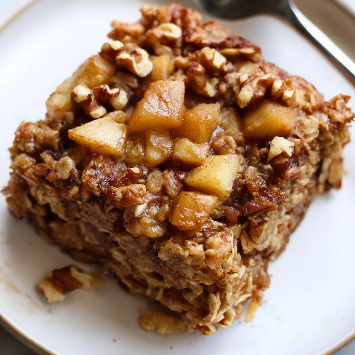 Warm apple cinnamon oatmeal bake fresh from oven, steaming with maple aroma