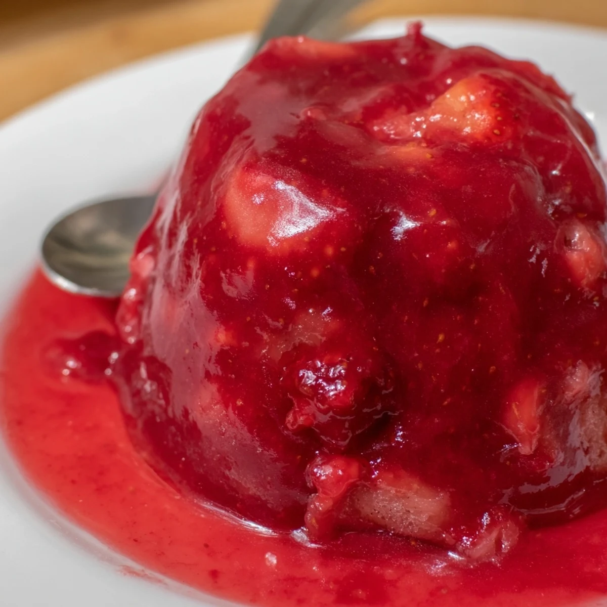 Strawberry Cake Filling Recipe showing glossy, bright red filling spooned onto cake