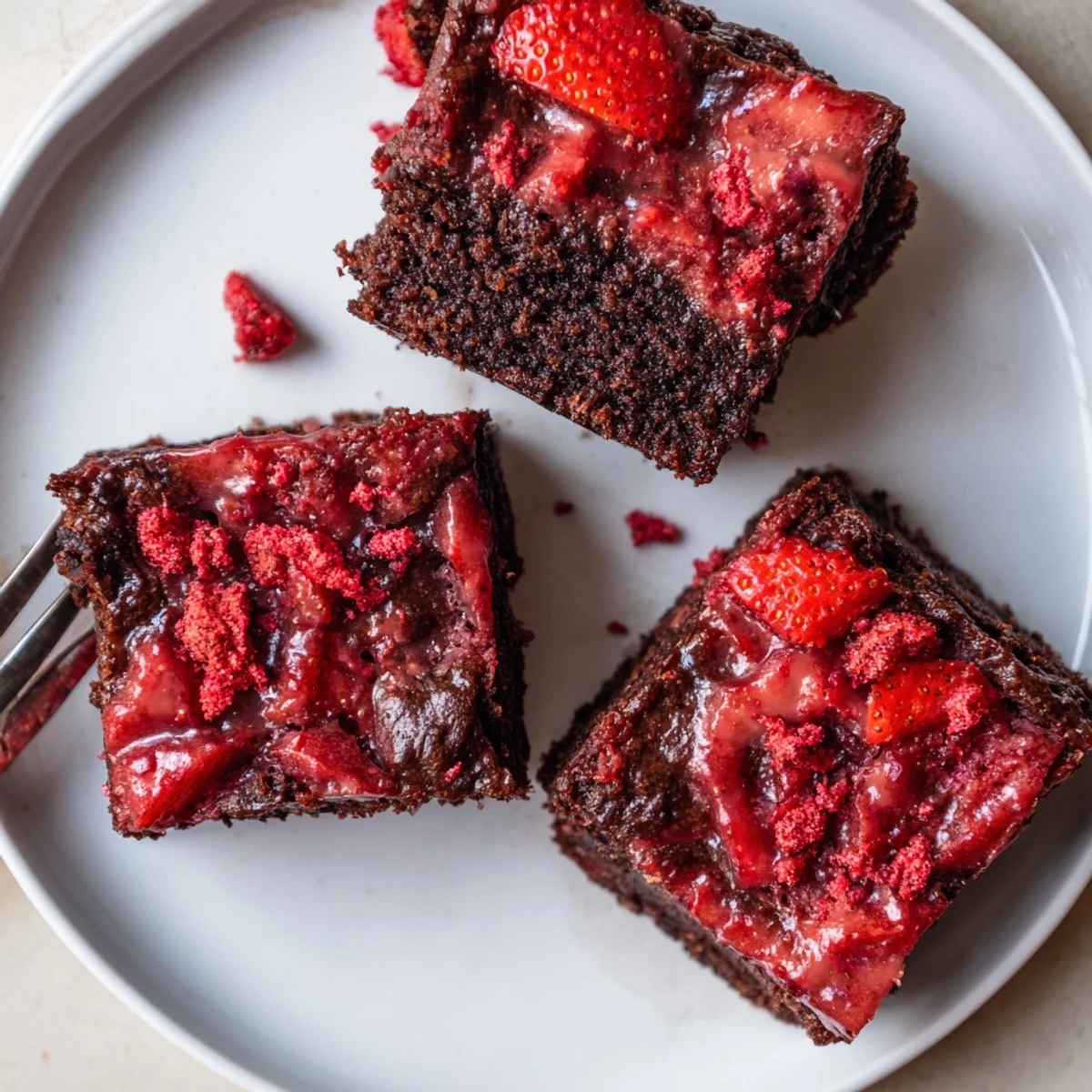 Warm, fudgy Strawberry Brownies Recipe cooling on parchment, glossy pink glaze