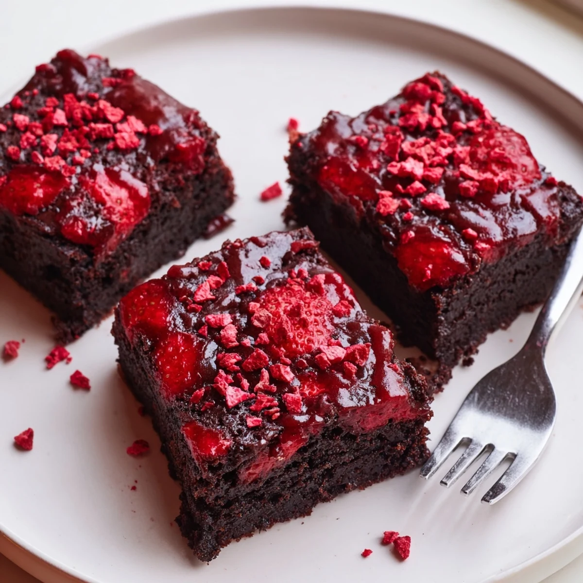 Sliced Strawberry Brownies Recipe served with whipped cream and fresh berries