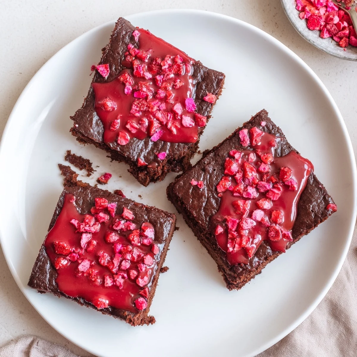 Close-up of dense, chocolatey Strawberry Brownies Recipe drizzled with pink glaze