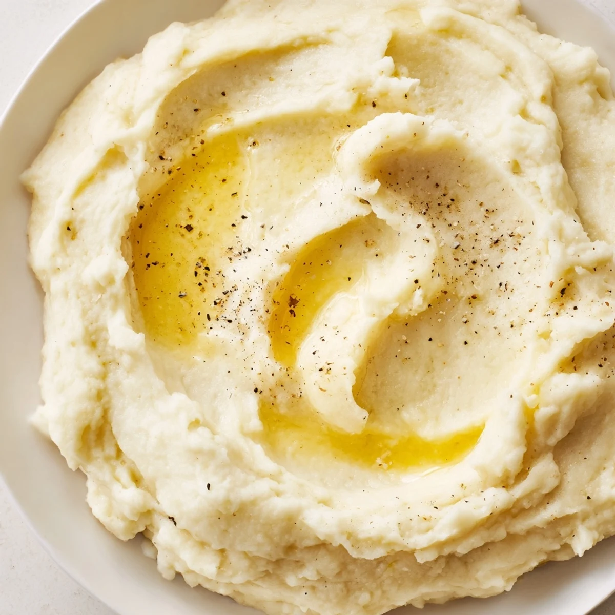 Creamy mashed potatoes topped with melting butter pat on white ceramic serving bowl