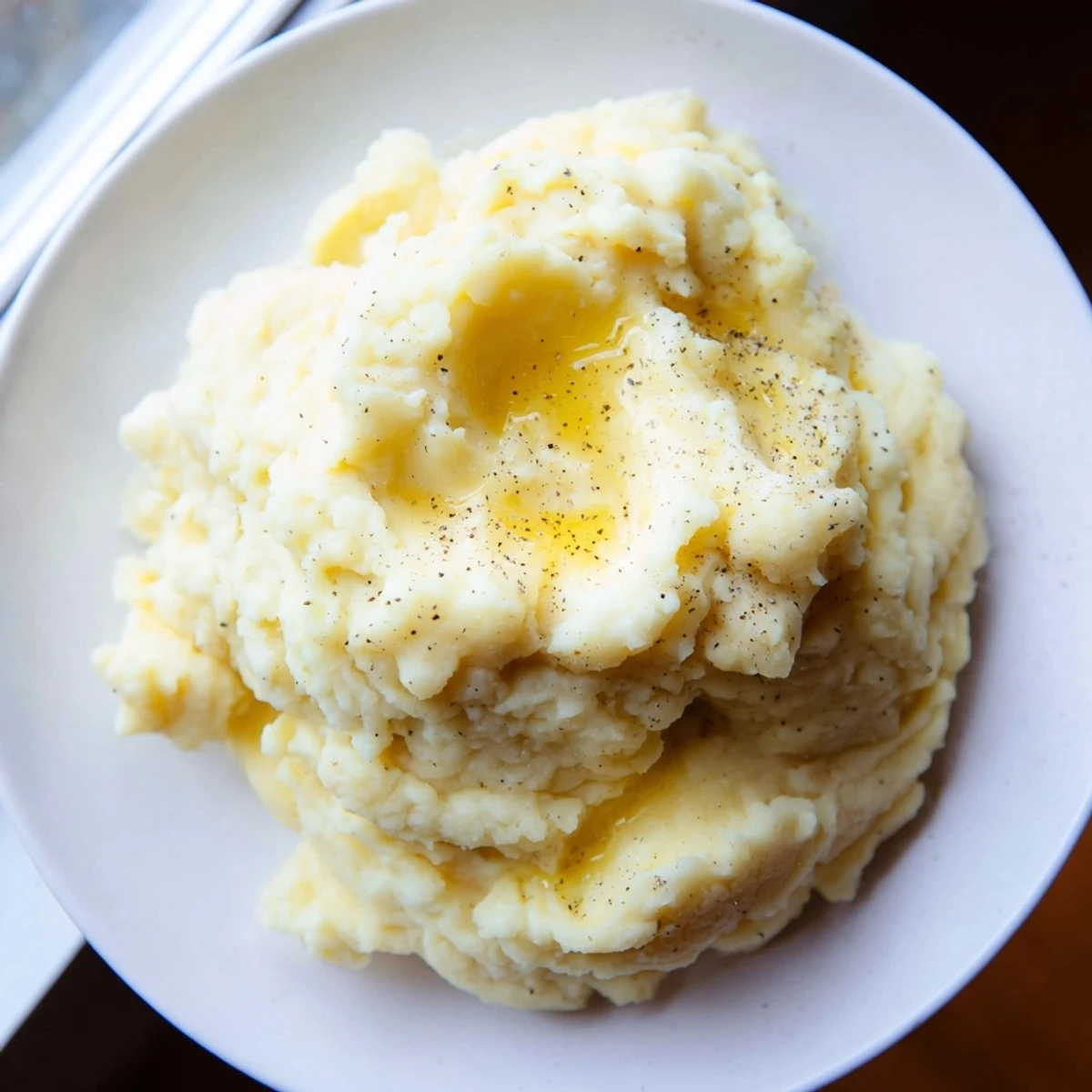 Steaming bowl of classic mashed potatoes garnished with freshly ground black pepper and chives