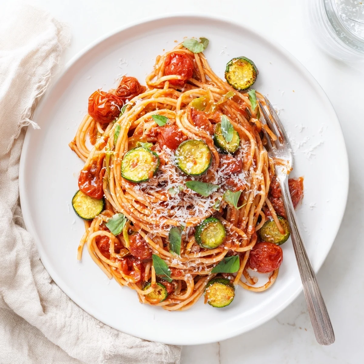 Golden tomato zucchini pasta tossed in olive oil with fresh basil garnish