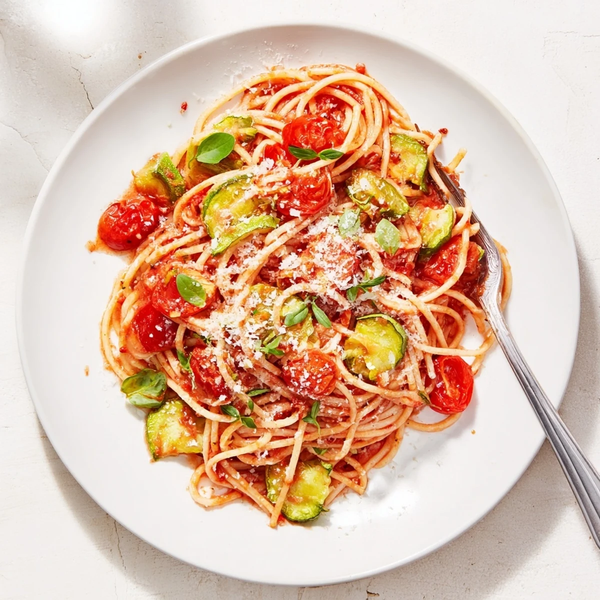 Al dente pasta with sautéed zucchini, tomatoes, garlic, and grated Parmesan cheese
