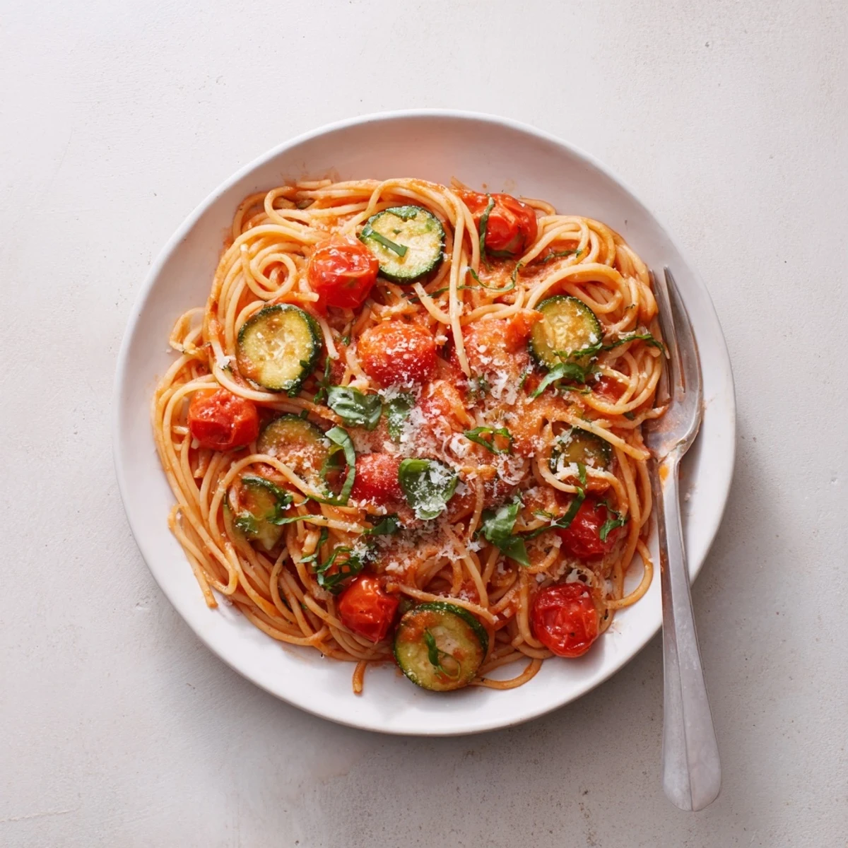 Vibrant bowl of tomato zucchini pasta featuring tender zucchini and ripe cherry tomatoes