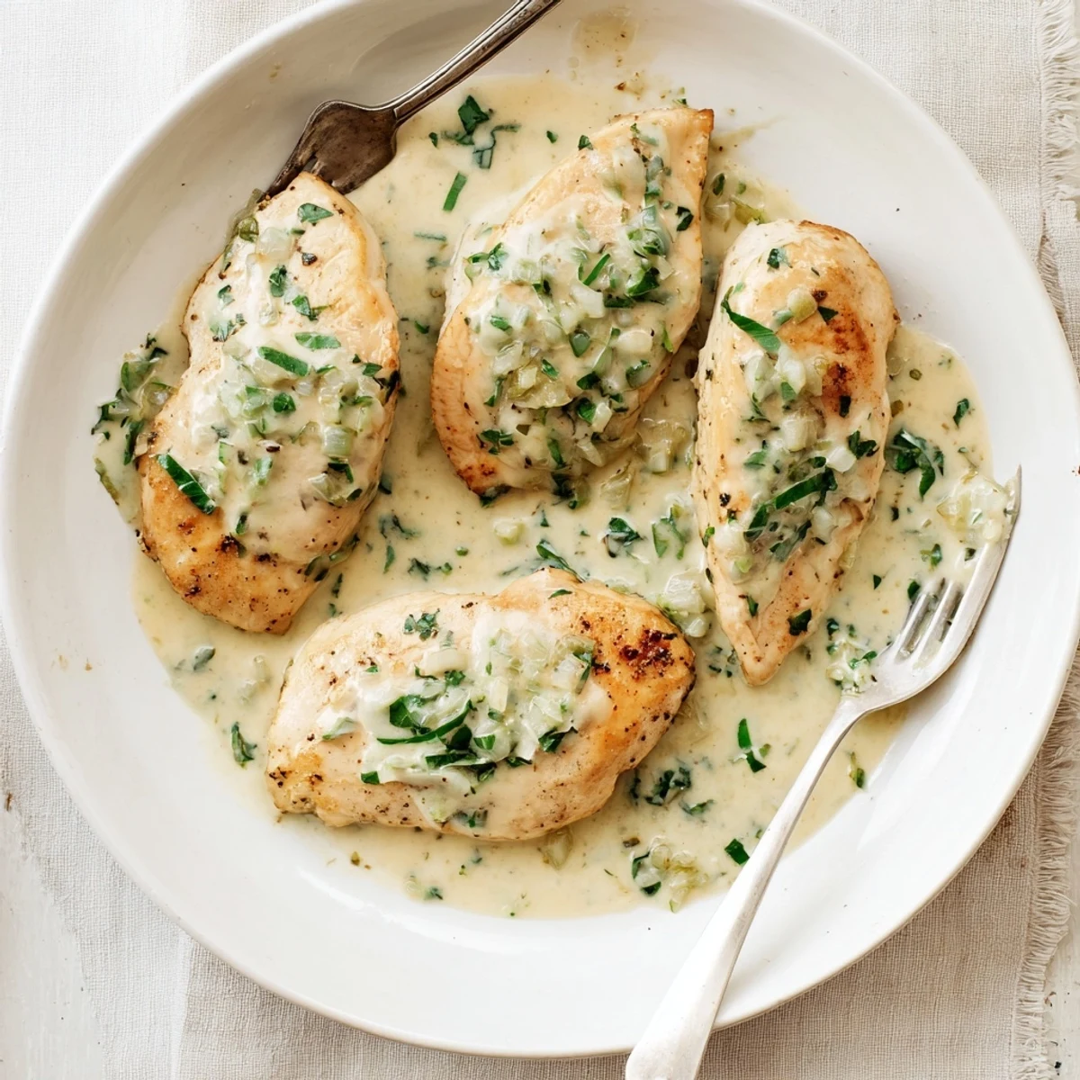 Golden pan-seared chicken breasts drizzled with velvety white herb sauce and fresh parsley