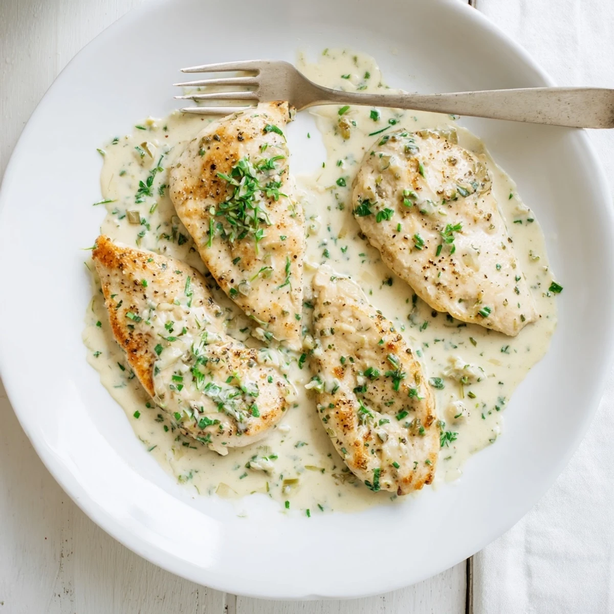Creamy herb chicken plated with diced onions and garlic, ready for a comforting dinner