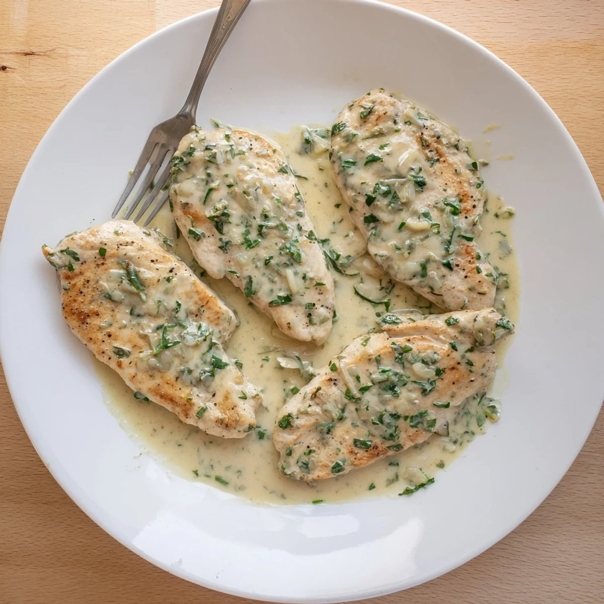 Tender juicy chicken simmered in rich cream sauce dotted with colorful fresh basil and chives