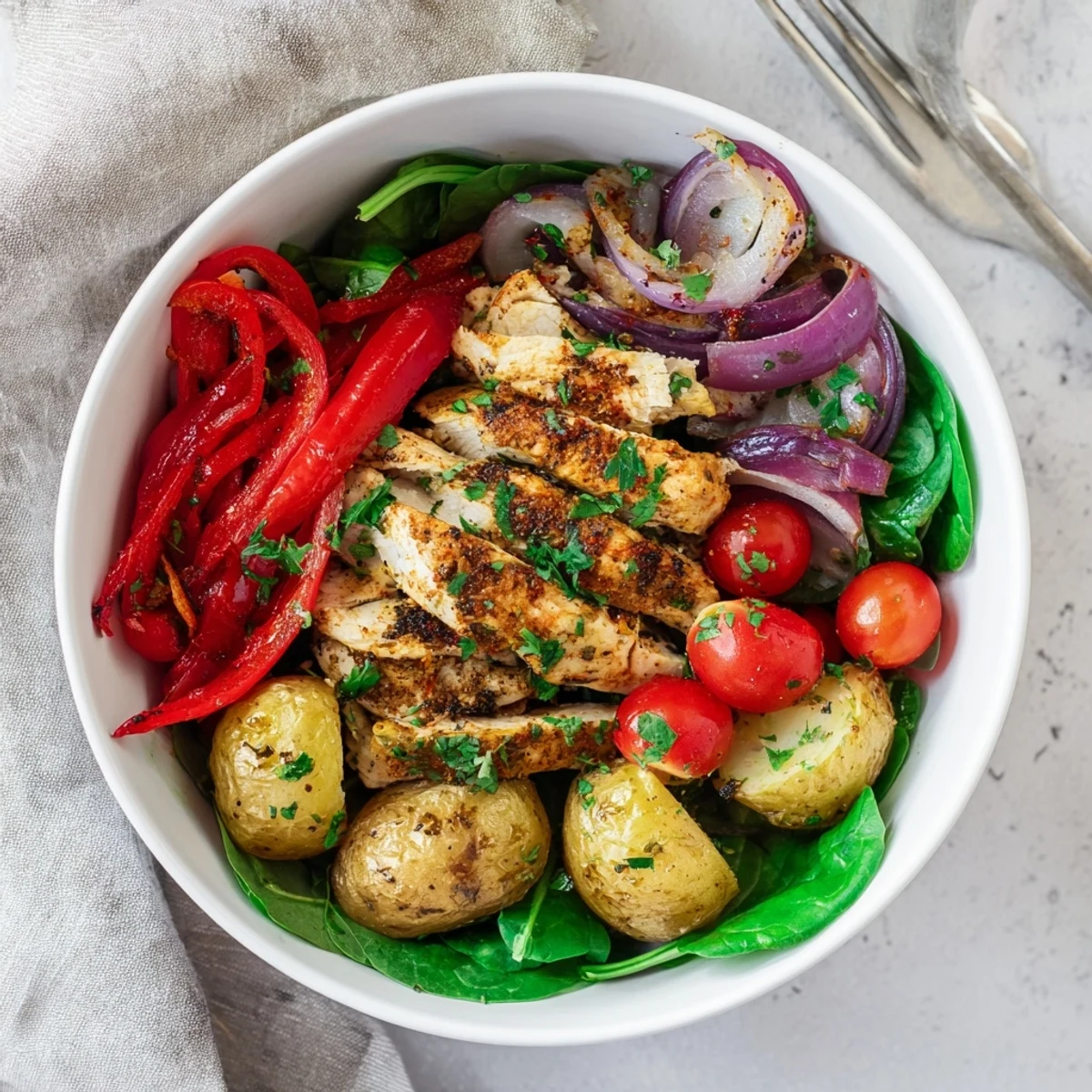 Golden roasted chicken and crispy potato bowl with fresh vegetables and parsley garnish