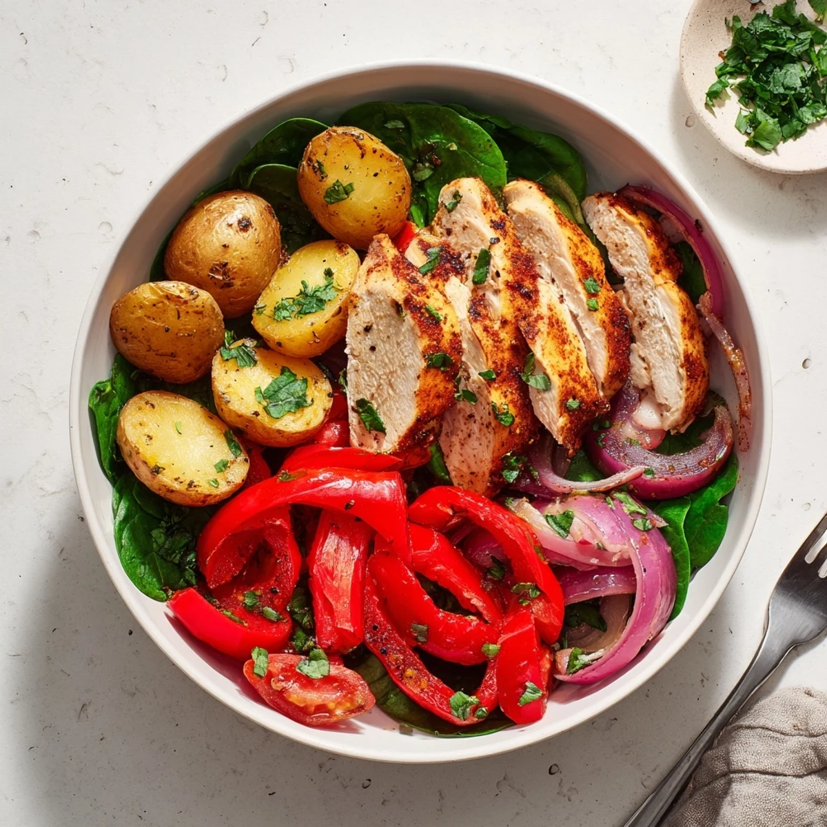 Light chicken bowl with tender roasted potatoes cherry tomatoes and crisp spinach leaves