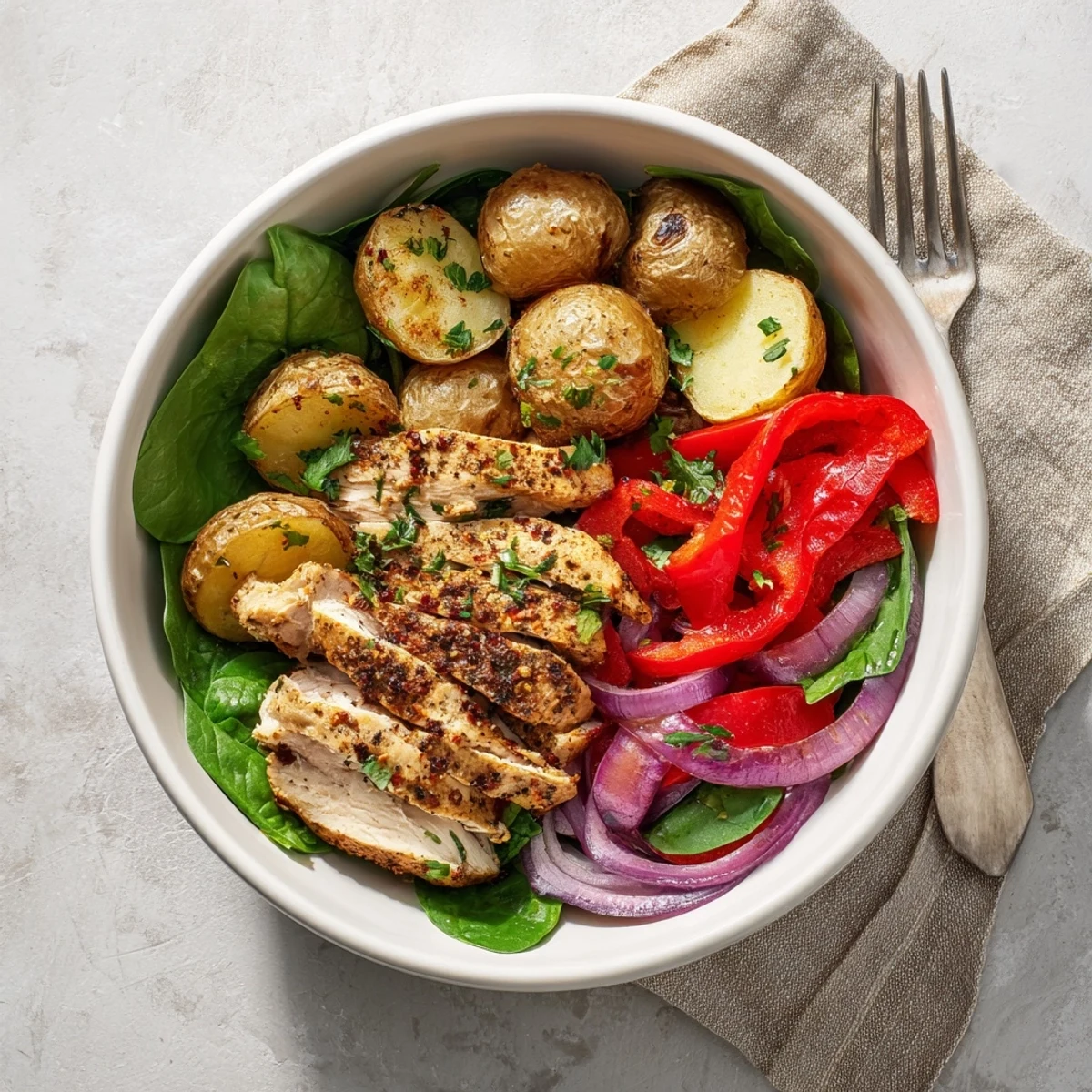 Healthy skinny chicken and roasted potato bowl featuring grilled slices over colorful veggies
