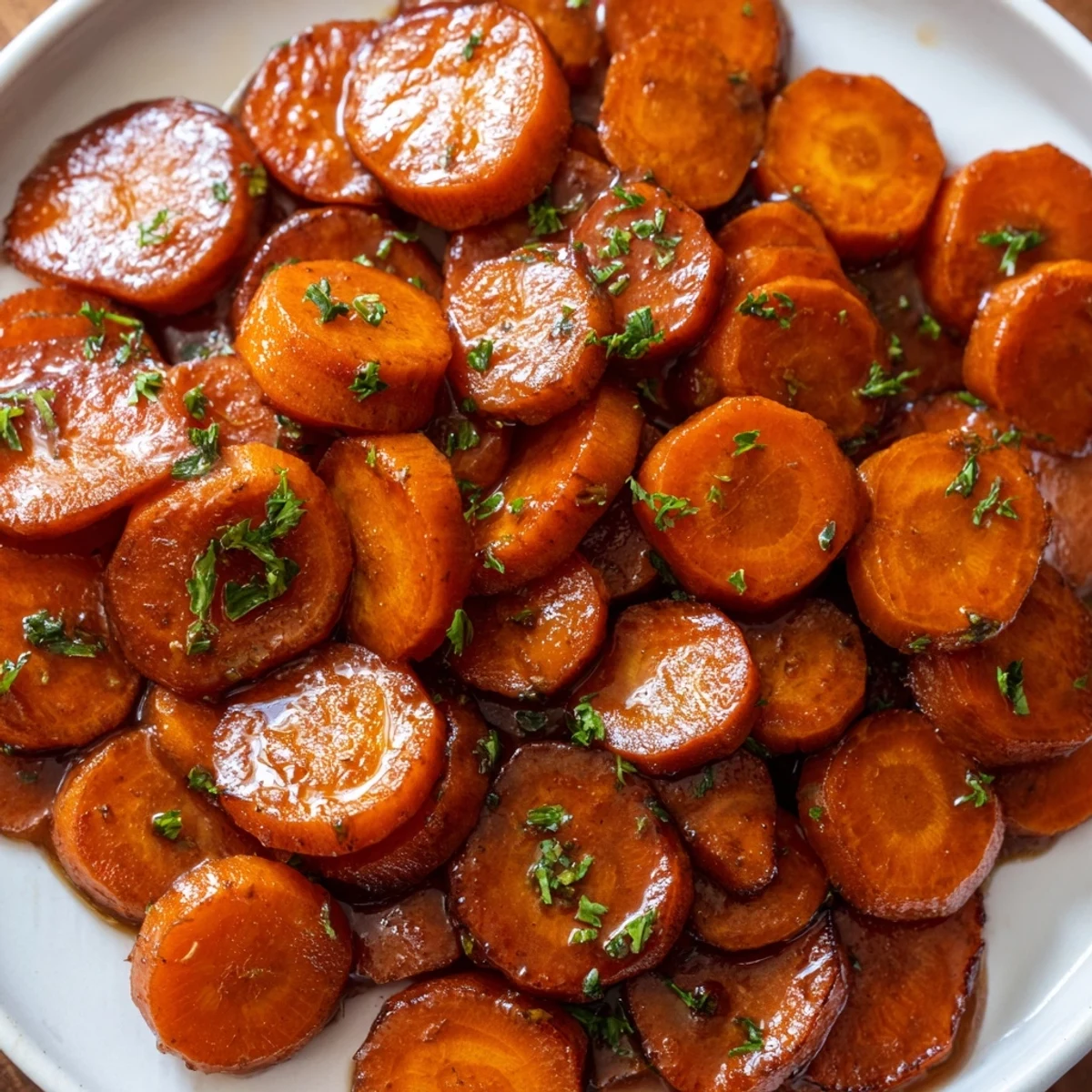 Golden glazed carrots glistening with buttery brown sugar coating on a white serving plate