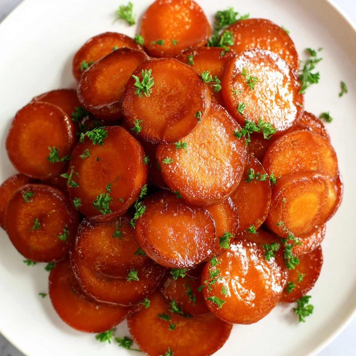 Tender glazed carrots swimming in sweet honey butter glaze garnished with fresh green parsley