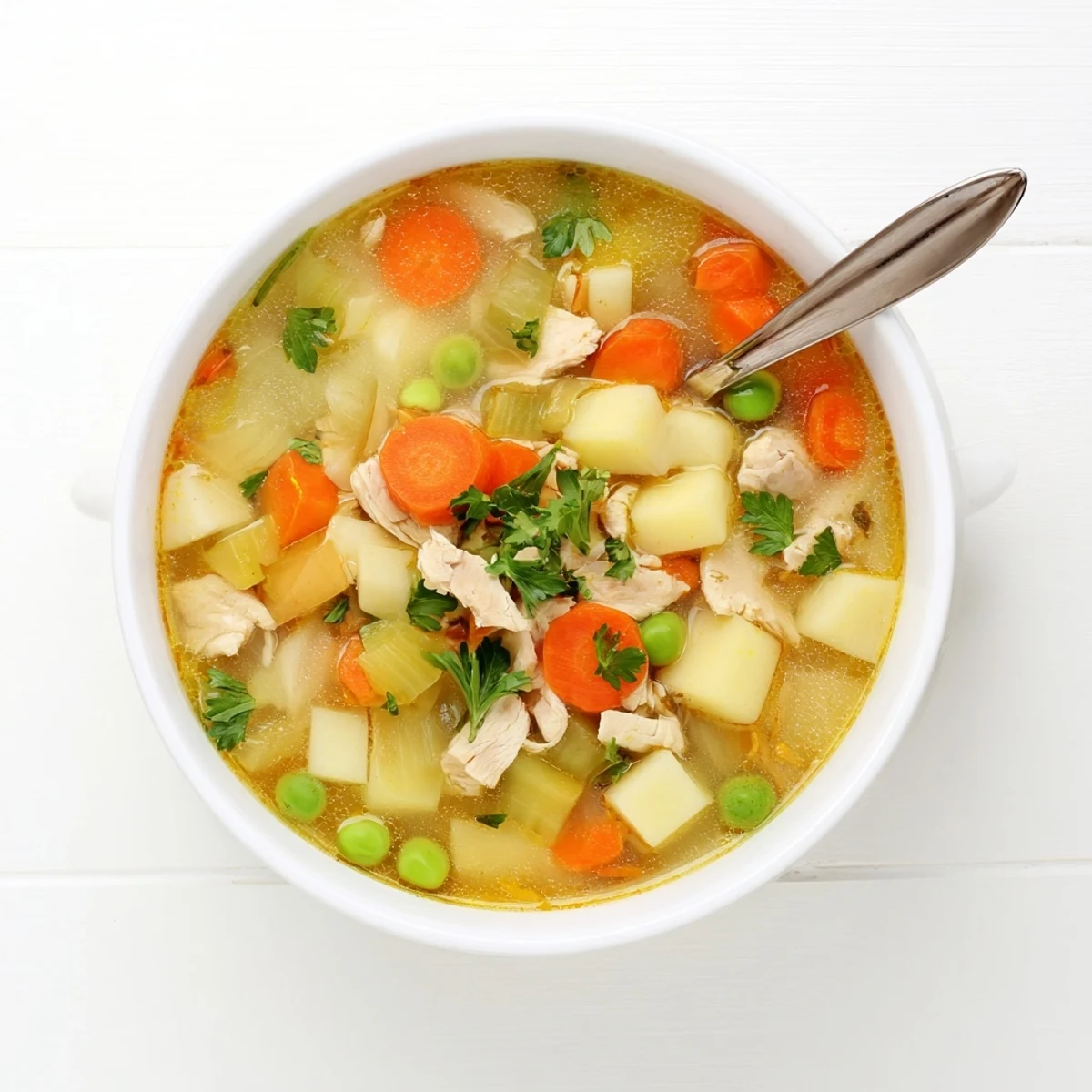 Steaming bowl of comforting chicken soup with potatoes garnished with fresh parsley