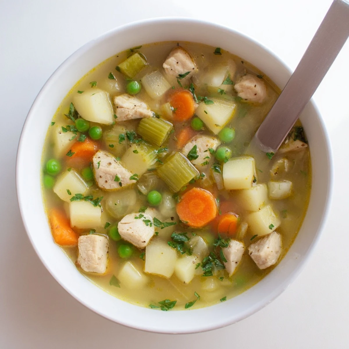 Hearty chicken and potato soup featuring tender chunks of vegetables in clear broth