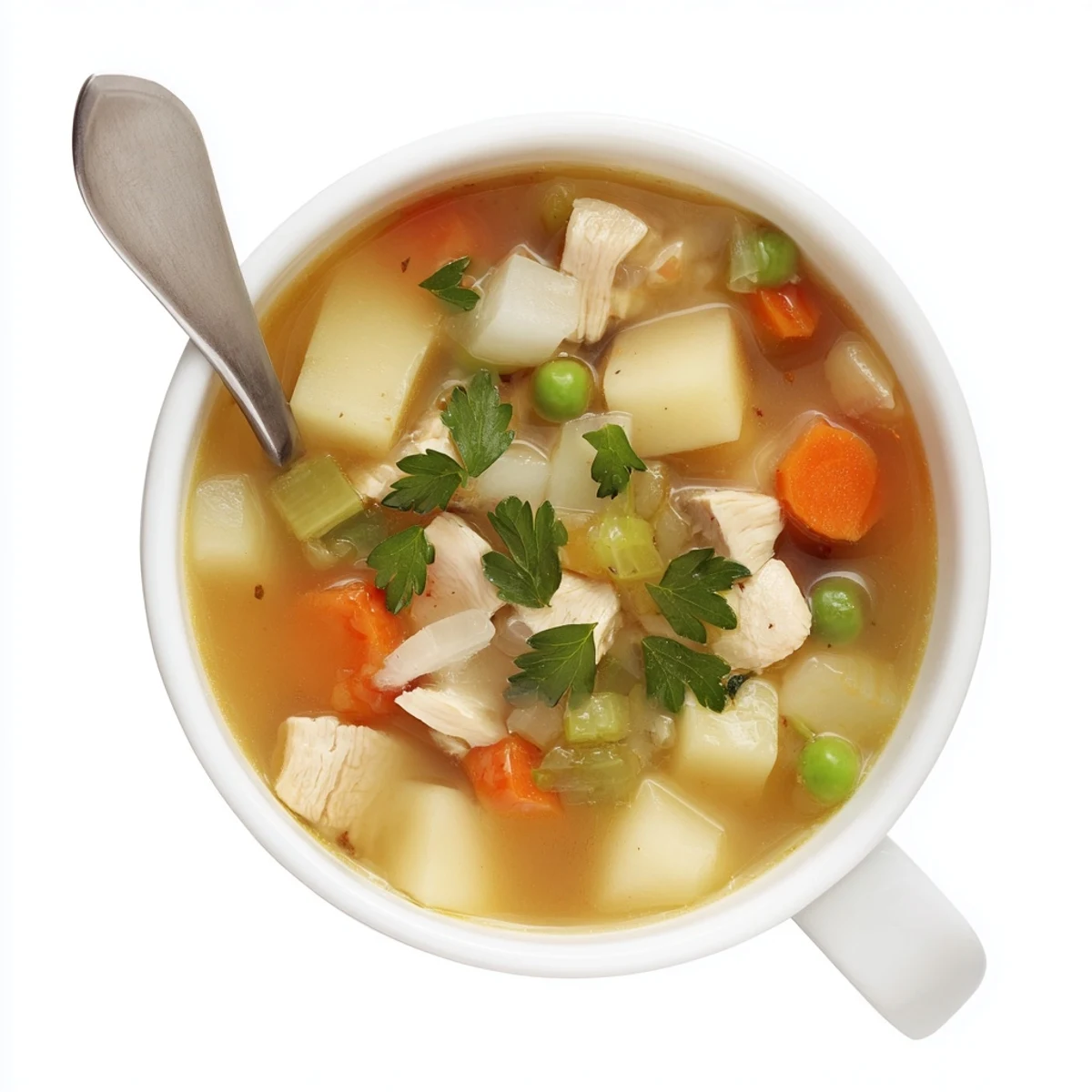 Golden comforting chicken soup with potatoes served in rustic white bowl with crusty bread