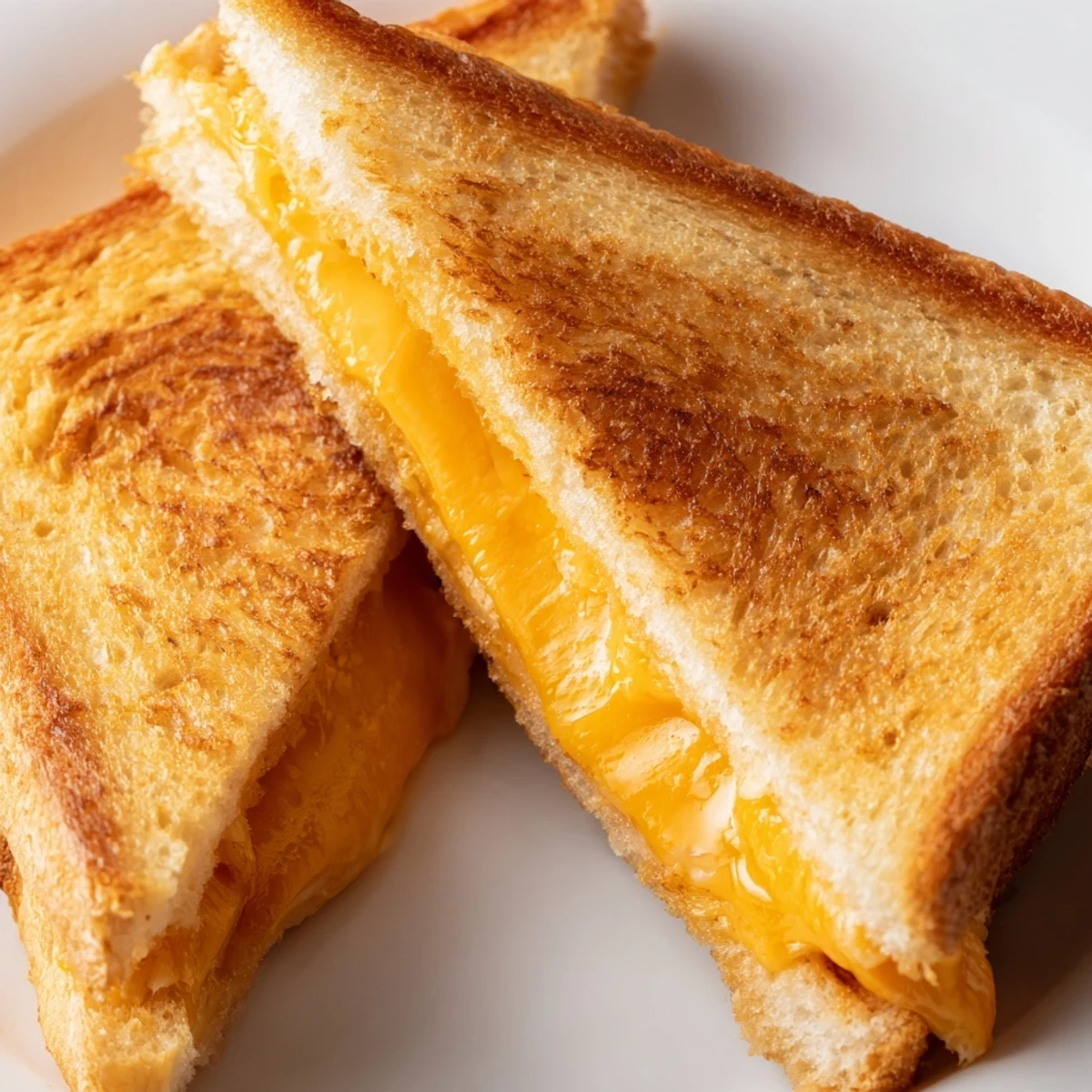 Golden brown grilled cheese sandwich with melted cheddar oozing from buttery toasted bread