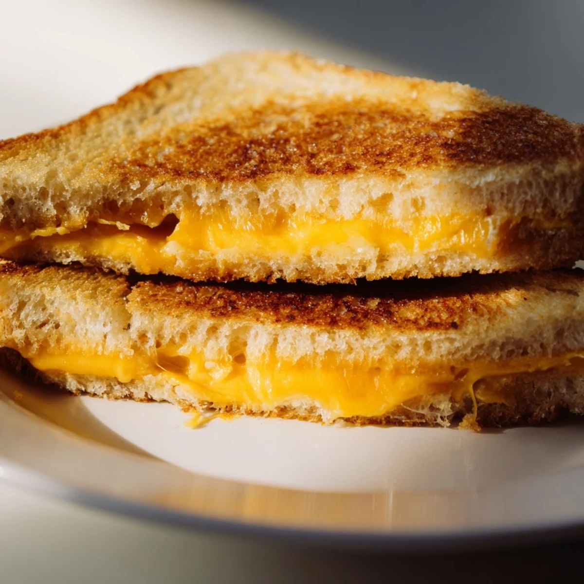 Crispy grilled cheese sandwich cut into triangles showing gooey melted cheese layers inside
