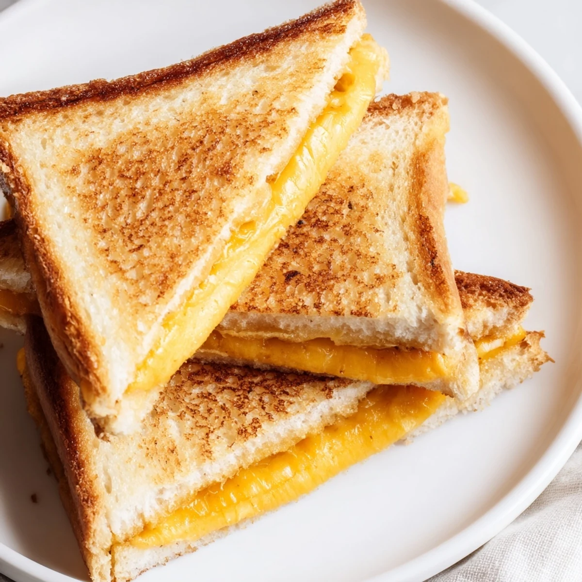 Classic American grilled cheese with golden crust and warm melted cheese on white plate