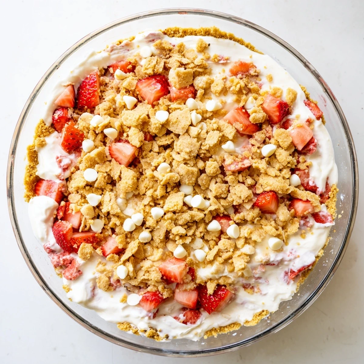Golden strawberry cheesecake crunch dessert layered with fresh berries and creamy filling on white plate