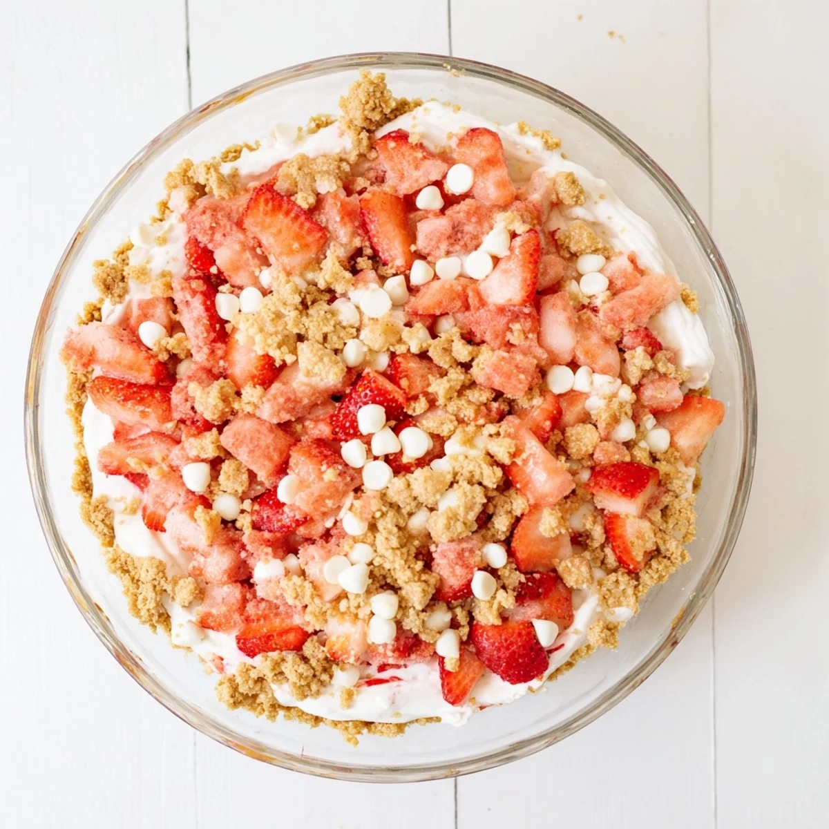 Sliced strawberry cheesecake crunch showing graham cracker topping with juicy red fruit and white chocolate chips
