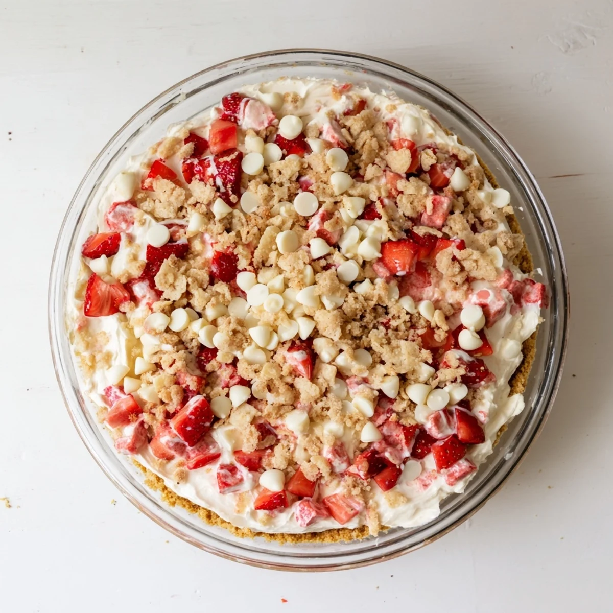 Close-up of strawberry cheesecake crunch with whipped cream layers, diced berries, and crisp buttery crumble topping