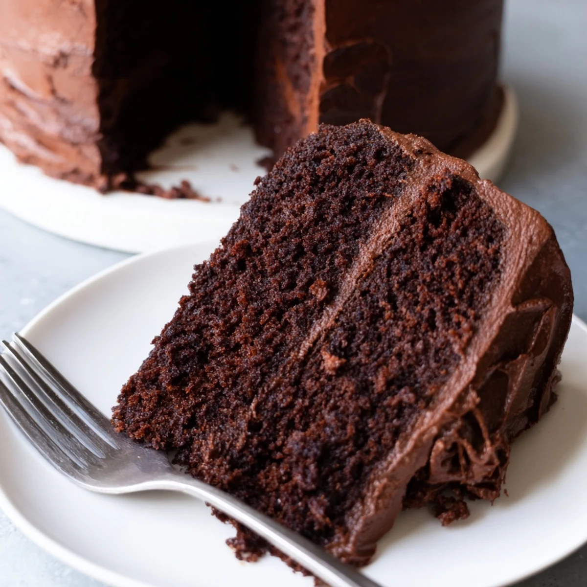 Sliced chocolate mayonnaise cake revealing the incredibly moist interior texture perfect for chocolate lovers