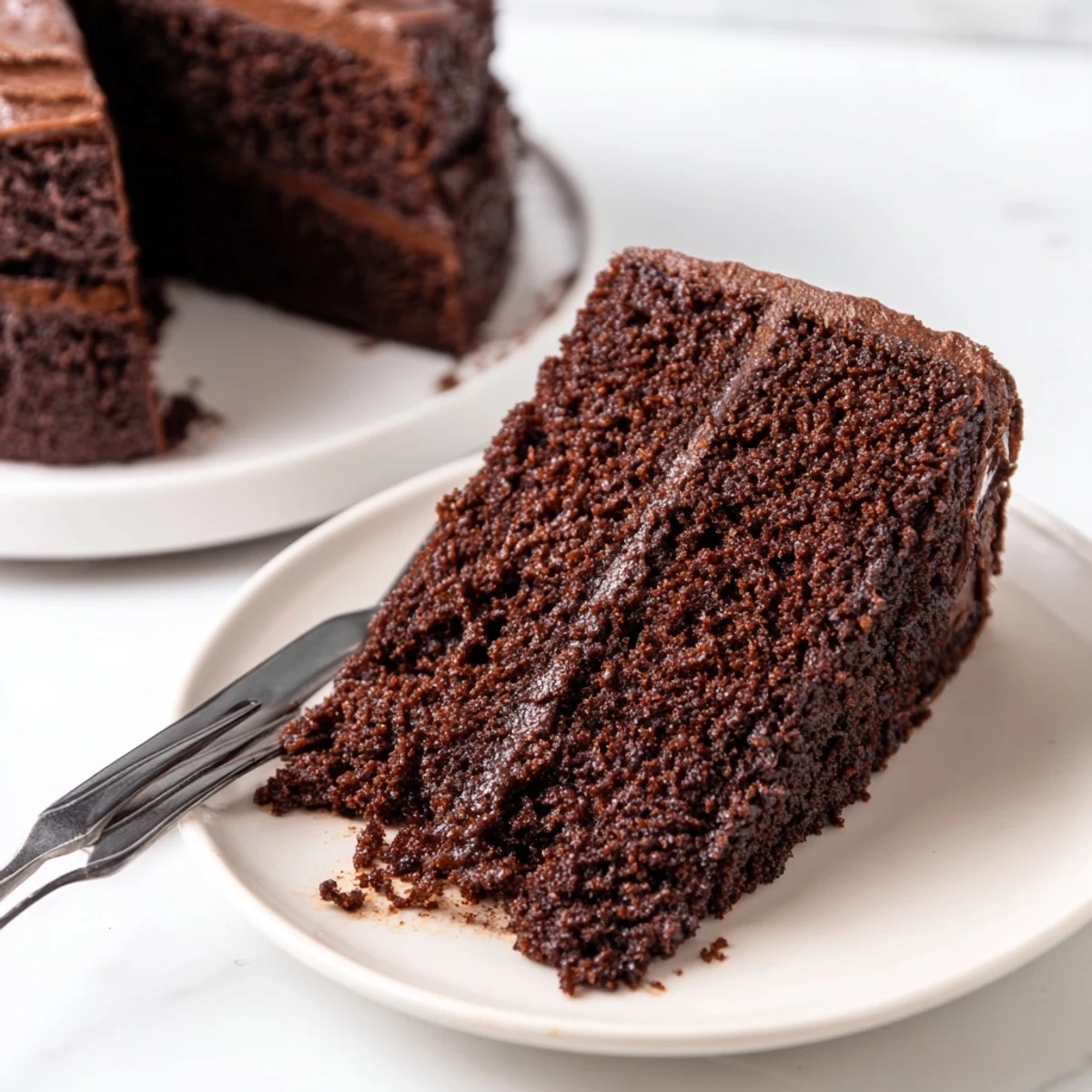 Two-layer chocolate cake made with mayonnaise for extra tenderness garnished with chocolate shavings