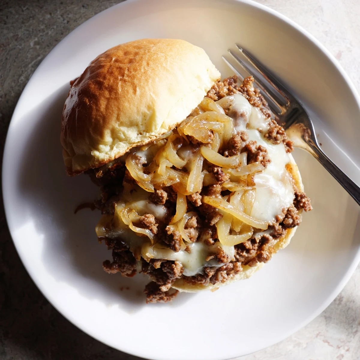 Golden brown caramelized onions and seasoned ground beef piled on toasted hamburger buns with melted provolone cheese topping this French onion beef sloppy jores
