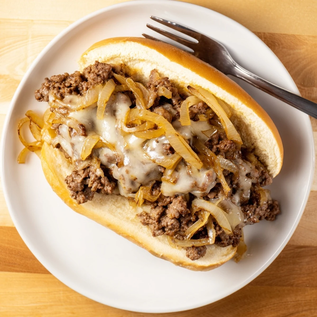 Savory French onion beef sloppy jores sandwich features juicy beef and sweet caramelized onions nestled between soft toasted buns with bubbly Swiss cheese