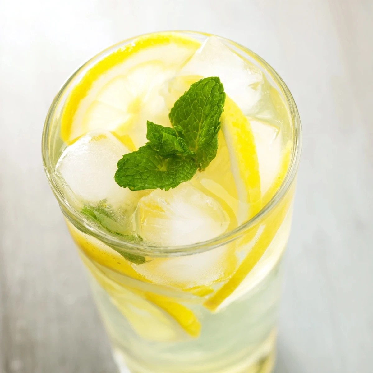 Refreshing homemade lemonade served over ice with fresh lemon slices and mint garnish