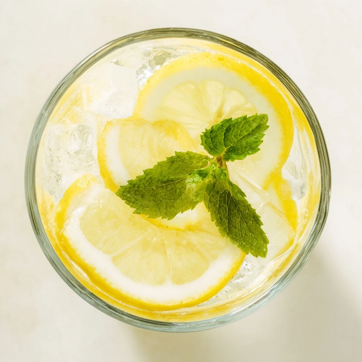 Glass of chilled fresh lemonade with floating ice cubes and citrus wedge on rim