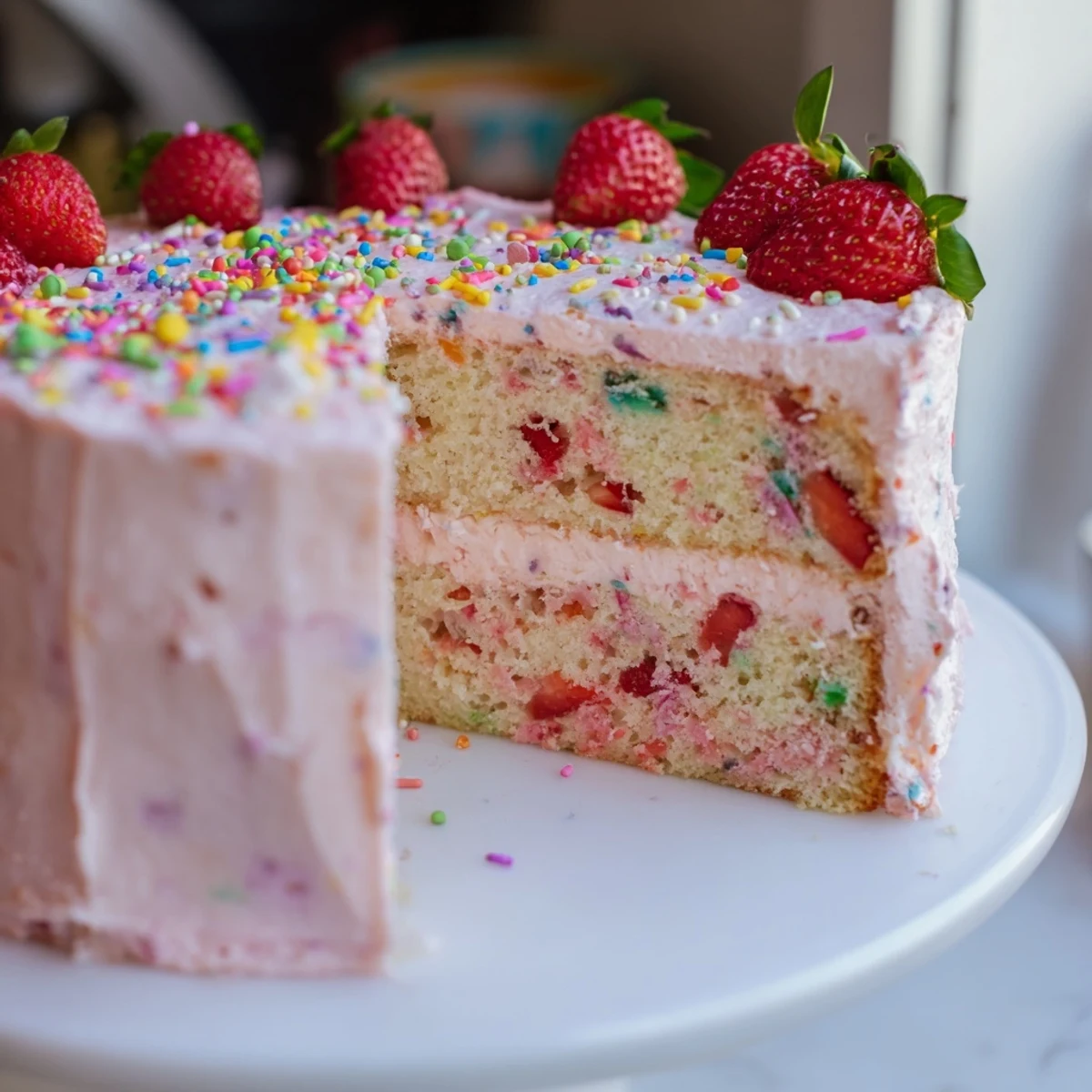 Pink slice of strawberry funfetti cake revealing rainbow sprinkles inside the fluffy pink buttercream layers
