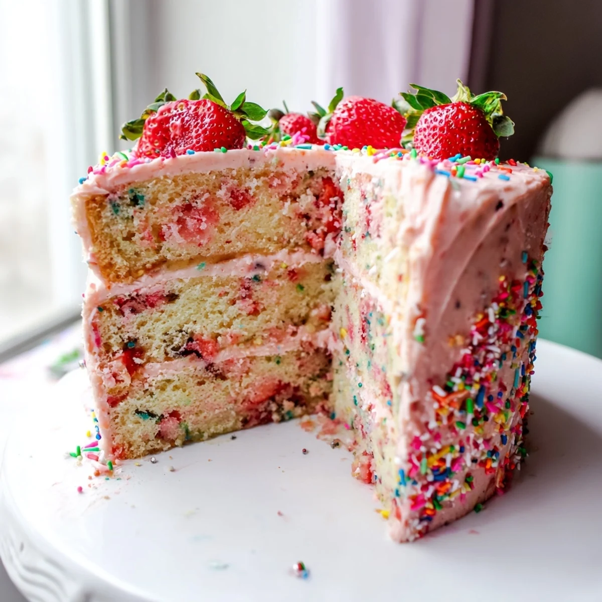 Whimsical strawberry funfetti cake topped with creamy pink frosting and garnished with colorful rainbow sprinkles