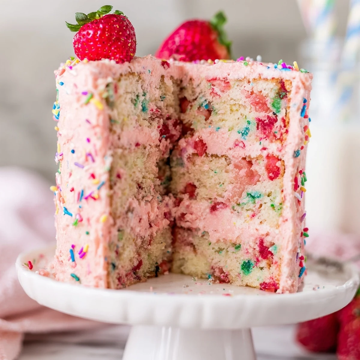 Layered strawberry funfetti cake with fresh strawberry buttercream frosting and vibrant confetti sprinkles throughout