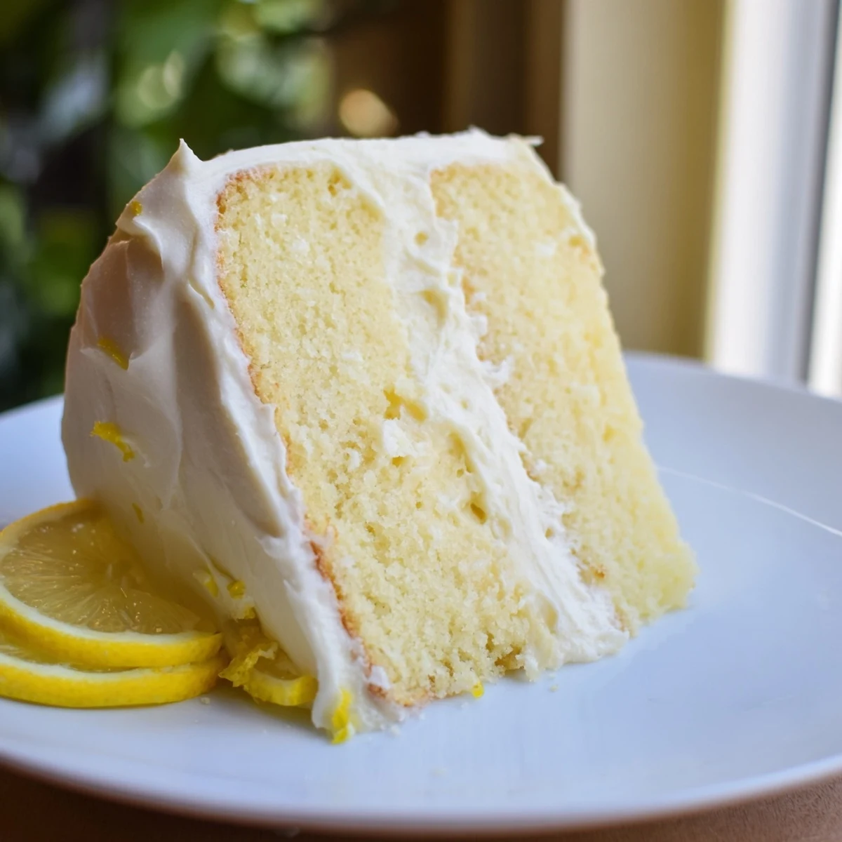 Lemon birthday cake with fluffy cream cheese frosting and fresh lemon slices on top