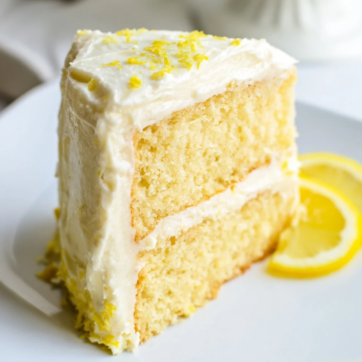 Two-layer lemon birthday cake topped with tangy frosting and decorated for a celebration