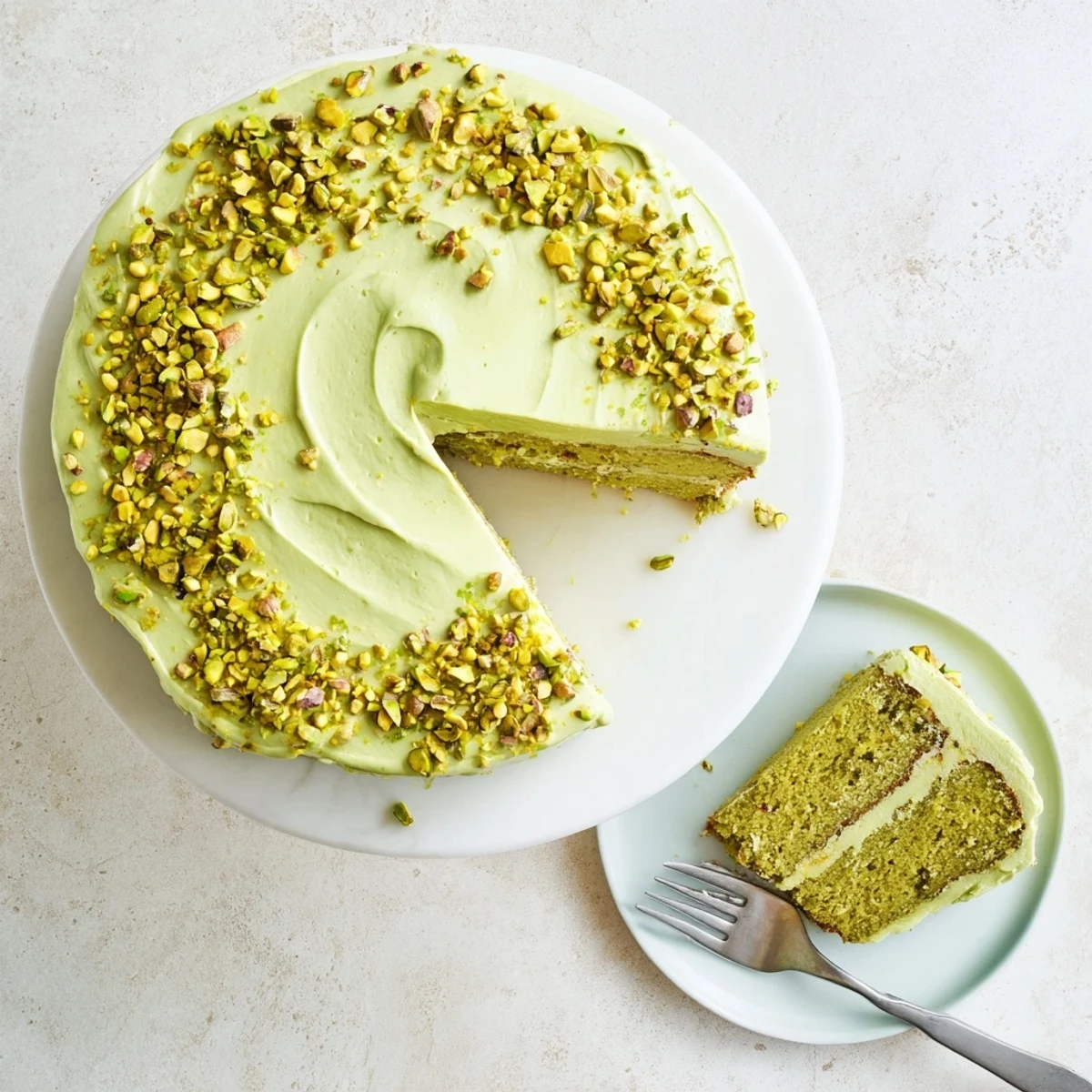 Two-layer pistachio cake swirled with creamy green buttercream and topped with crushed pistachios