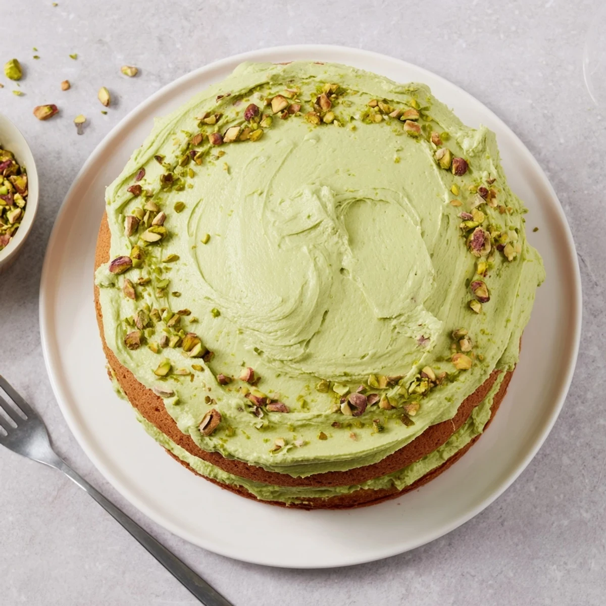 Slice of pistachio cake with thick pistachio buttercream frosting and chopped nut garnish on white plate