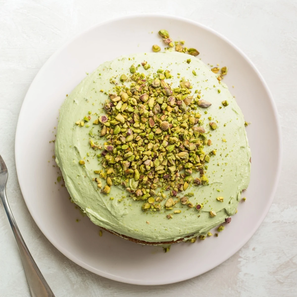 Homemade pistachio cake layered with smooth pistachio frosting, dusted with nutty pieces on a serving platter