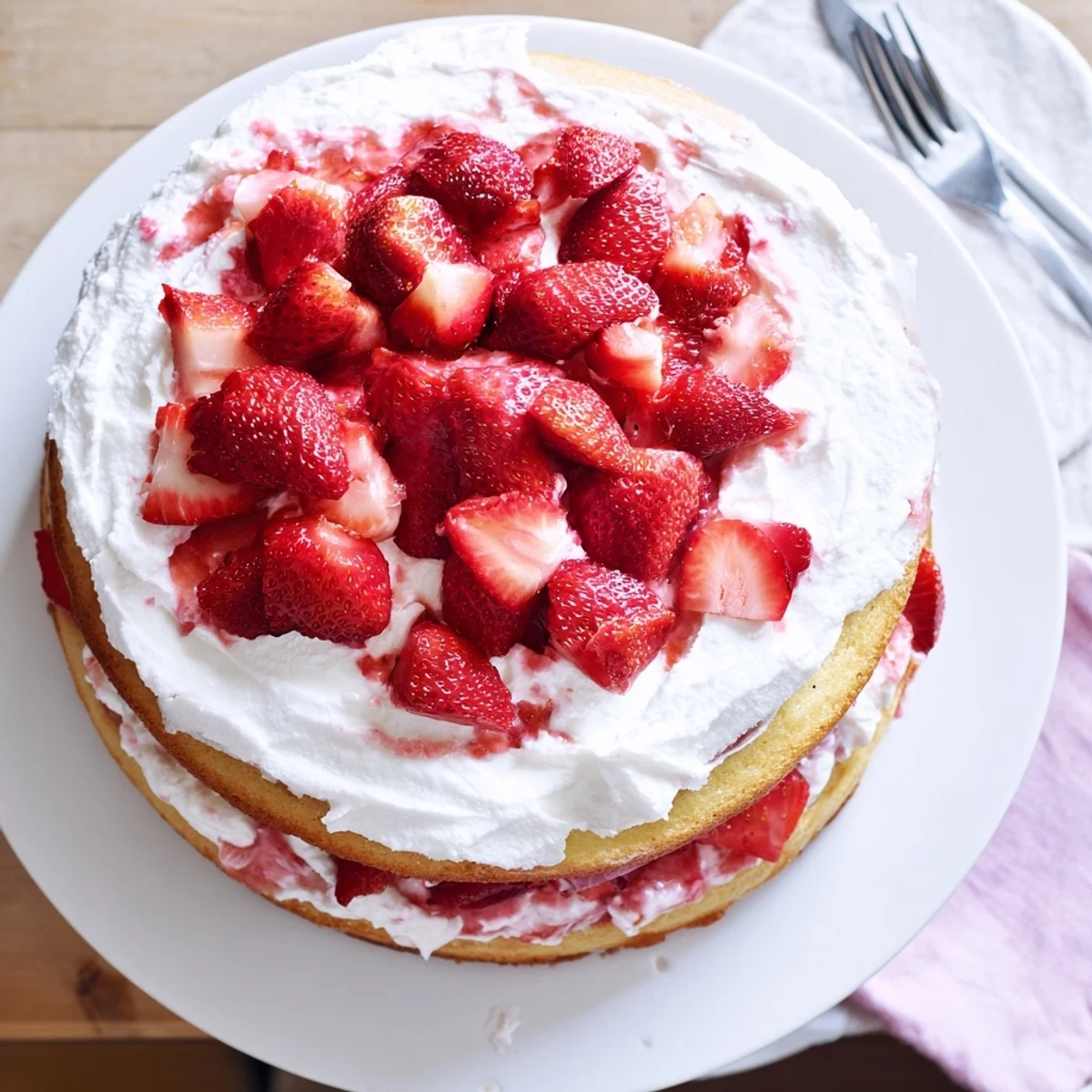 Layered strawberry shortcake cake with fluffy vanilla sponge and fresh red berry slices
