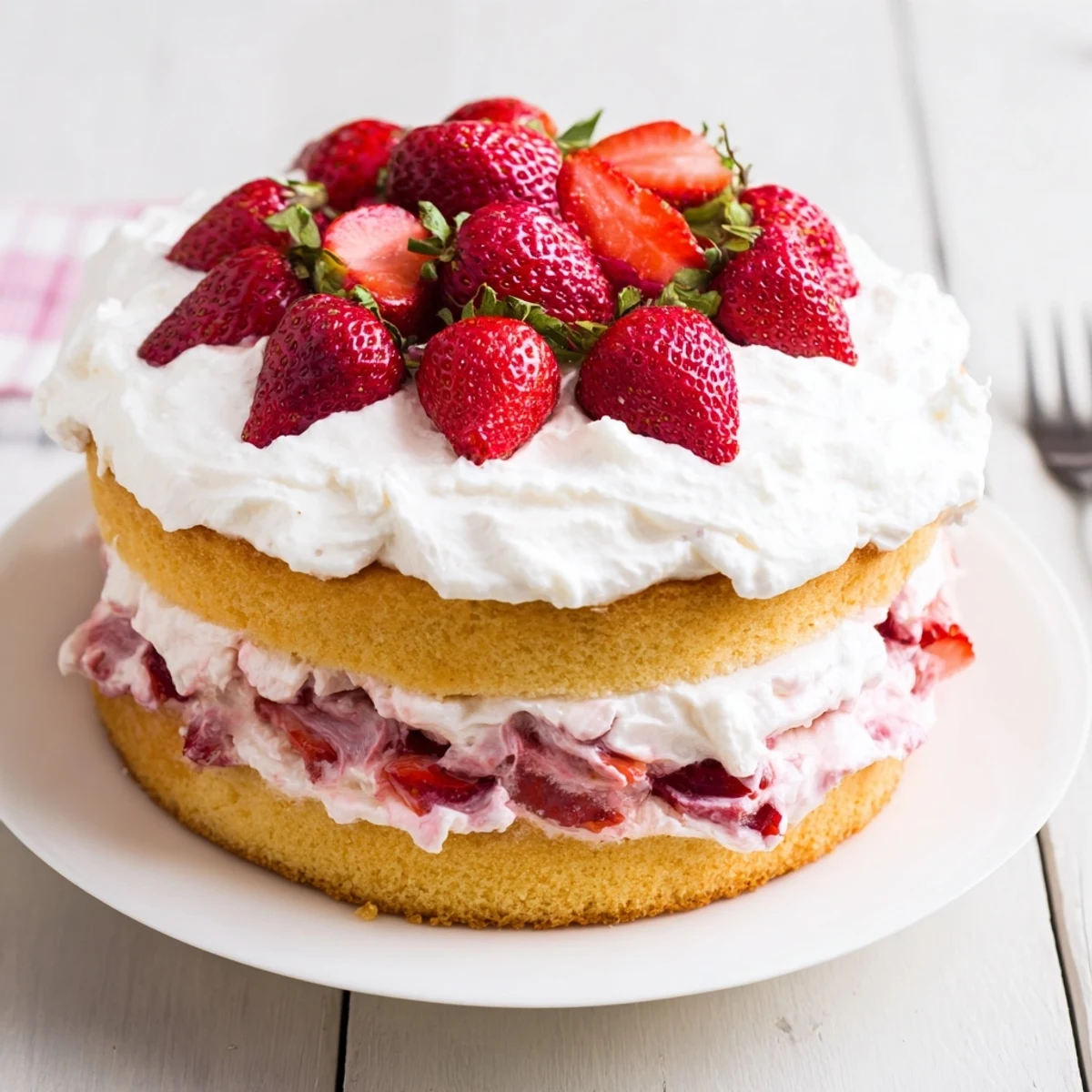 Generous strawberry shortcake cake slice showcasing whipped cream piled between tender golden cake layers