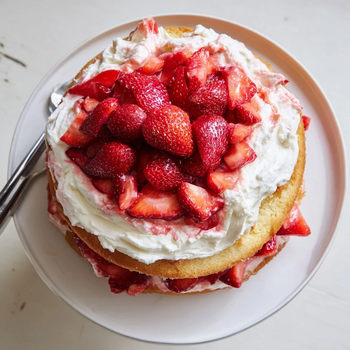 Elegant strawberry shortcake cake tower topped with sweet macerated berries and vanilla whipped cream