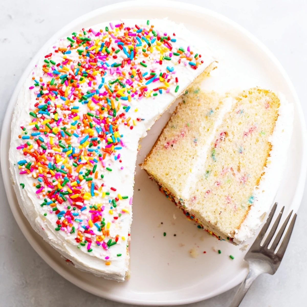 Homemade Funfetti cake slice with fluffy vanilla buttercream and rainbow sprinkles on white plate