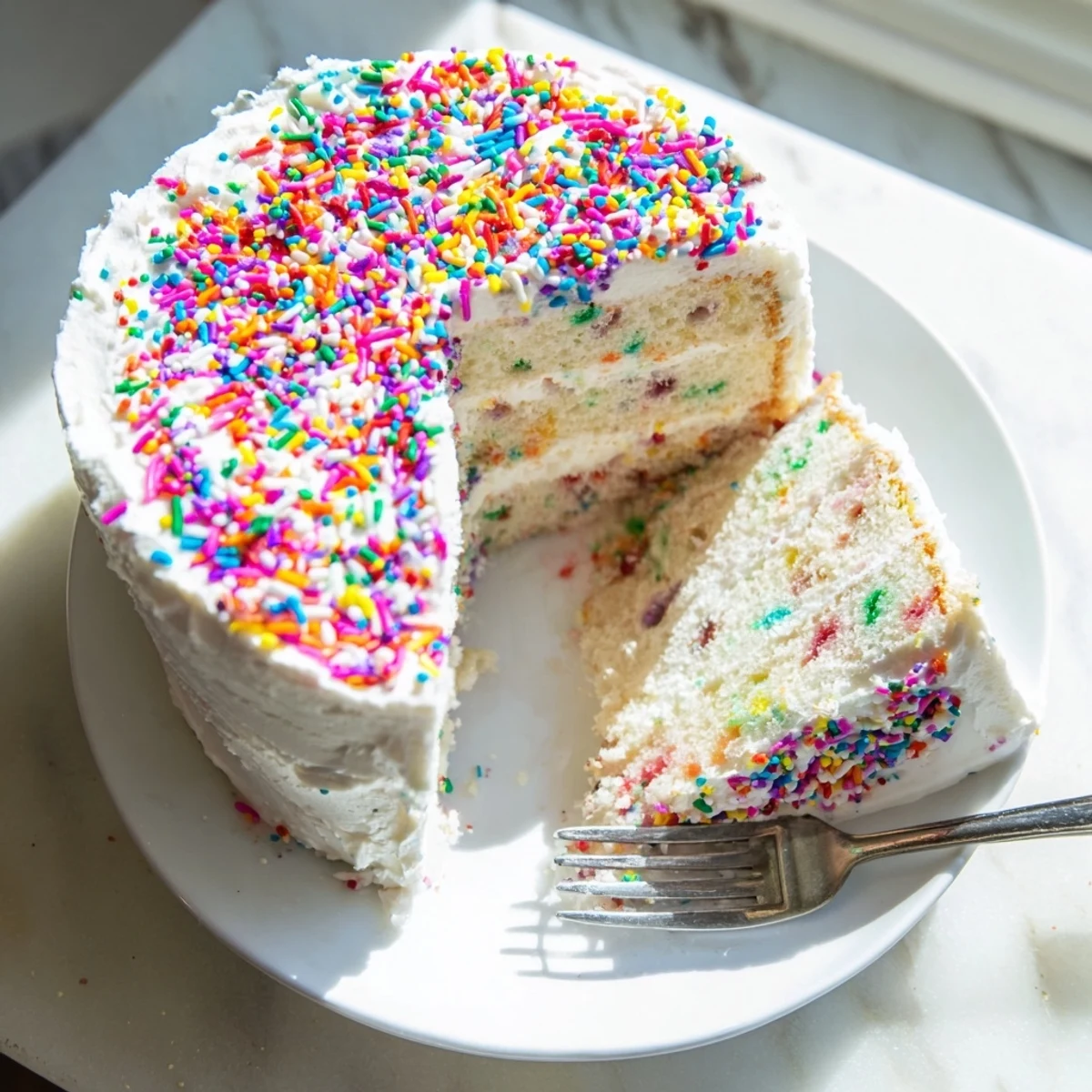Festive Funfetti cake layered with creamy frosting and topped with colorful confetti sprinkles for birthdays