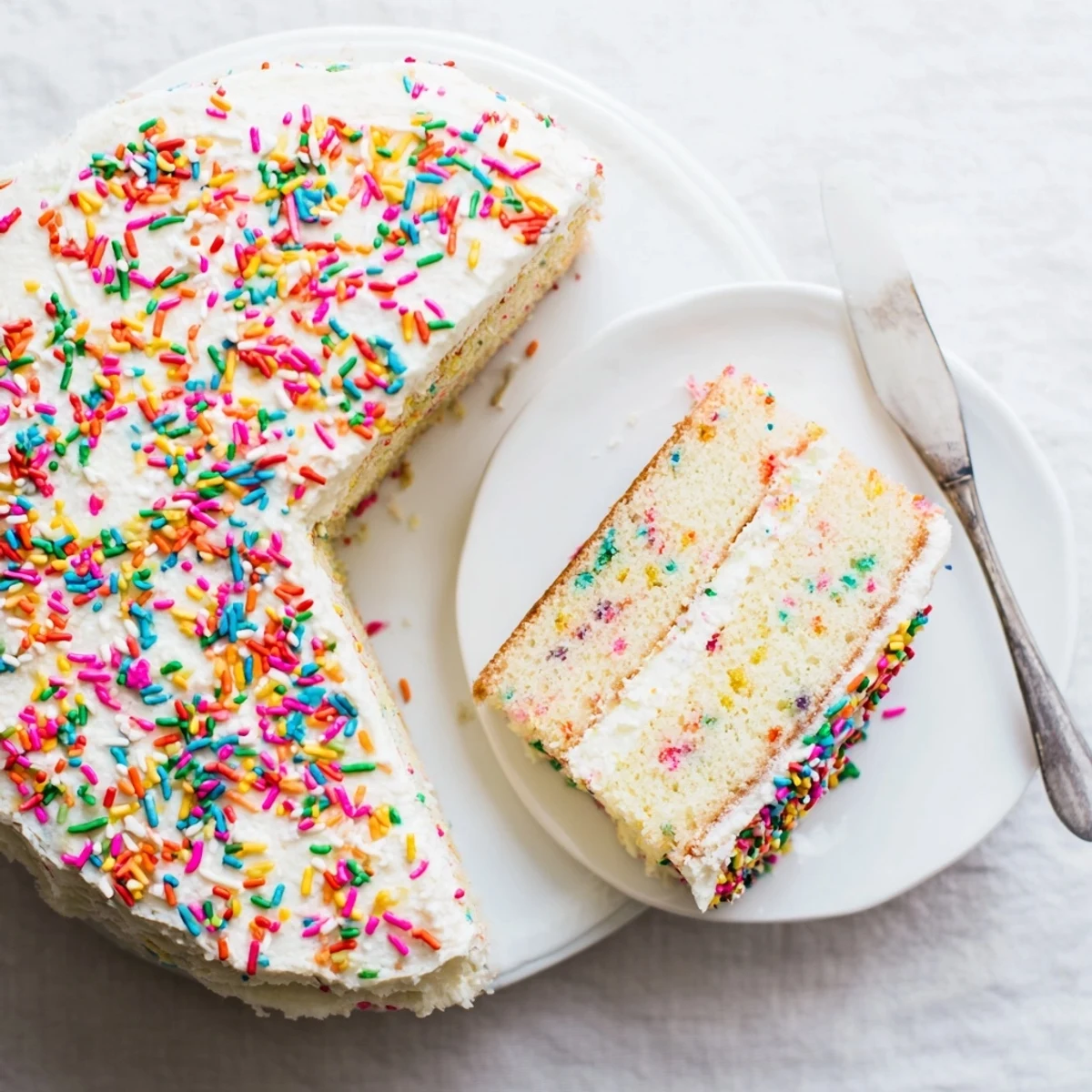 Slice of vanilla Funfetti cake showing moist rainbow-speckled crumb topped with swirled white buttercream frosting